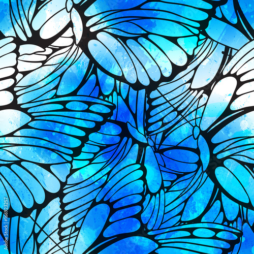 Vector seamless pattern flying butterflies wiith vector watercolor texture. Abstract background with watercolour drops and strokes and butterfly wings © Meranna