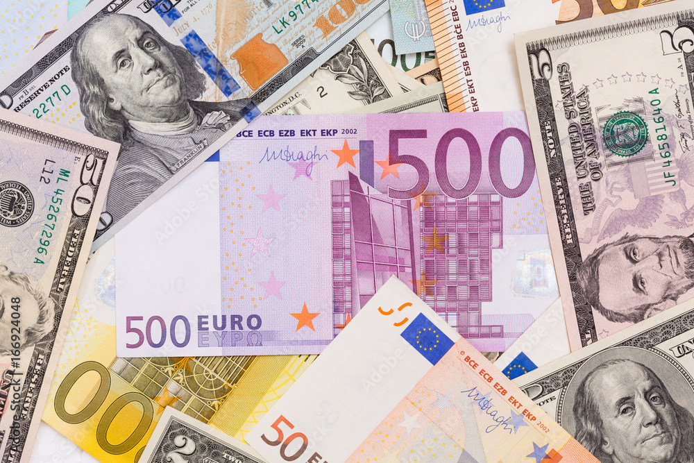 Obraz premium Lot of dollars and euros. Background and texture.