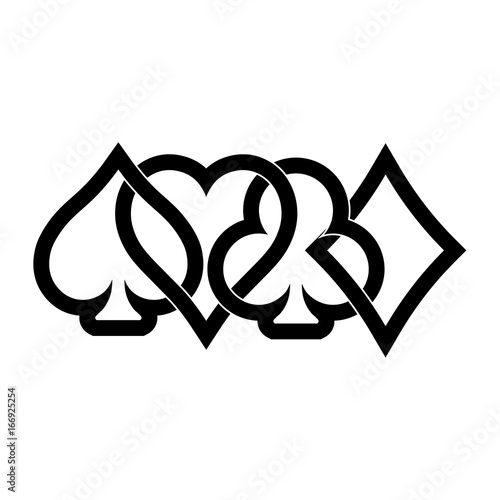 Poker card suits - hearts, clubs, spades and diamonds - on white background. Casino gambling theme vector illustration. Black outline shapes partly overlapping.