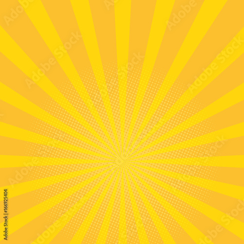 Beautiful summer sunburst background. yellow rays pop art background. retro vector illustration.