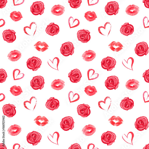 Seamless pattern with roses, hearts and red traces of lipstick