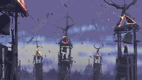 dark fantasy concept of people ringing bell on tower against birds flying in evening sky, digital art style, illustration painting