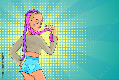 Pop art woman, sexy young girl wearing jeans shorts with trendy african colored braids hairstyle, retro cartoon background with female character, hair salon banner, advertising vector poster 