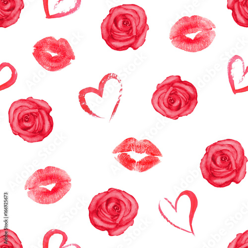 Seamless pattern with hearts, roses and traces of lipstick