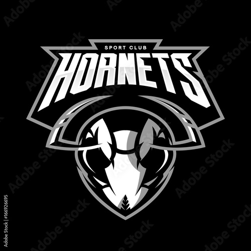 Furious hornet head athletic club vector logo concept isolated on black background. Modern sport team mascot badge design. Premium quality wild insect emblem t-shirt tee print illustration.