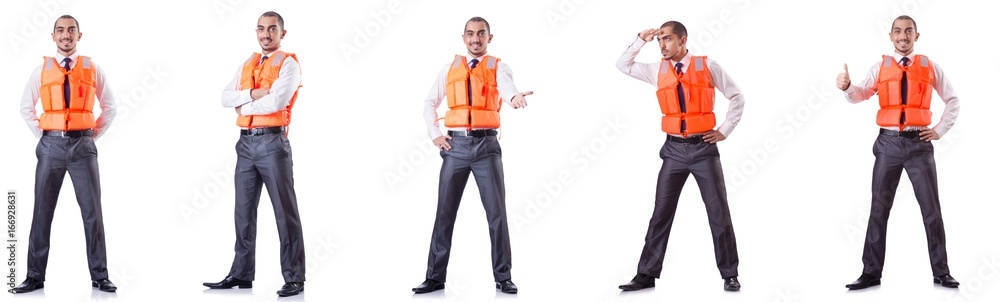 Man in life jacket isolated on white Man in life jacket isolated on white