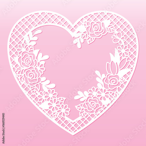 Openwork floral frame in the shape of a heart. Laser cutting template for decoration, cards, interior decorative elements.