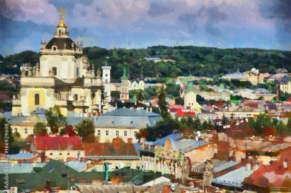 Top view of old city center in Europe. Artwork. Lviv, Ukraine. Roof cityscape. Watercolor painting hand drawn. Oil painting picture. Good for postcards, posters, web design, artwork. Very high size. 
