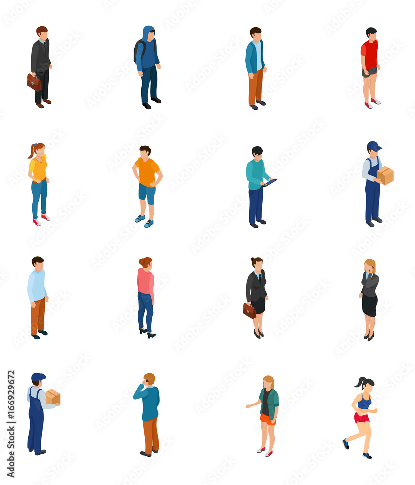 Cool isometric people of different professions by job education level sex clothes hairs isolated vector illustration