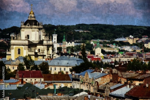 Top view of old city center in Europe. Artwork. Lviv  Ukraine. Roof cityscape. Watercolor painting hand drawn. Oil painting picture. Good for postcards  posters  web design  artwork. Very high size. 