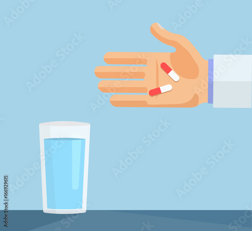 Hand with Pills and Glass of Water Medical Concept Flat Illustration
