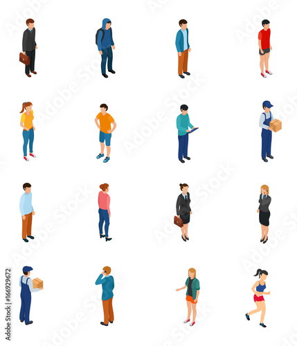 Cool isometric people of different professions by job education level sex clothes hairs isolated vector illustration