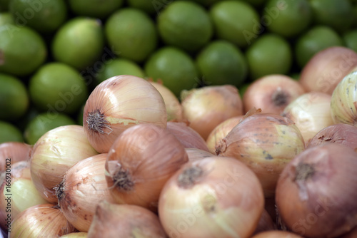 Onions on display on street market stall in Brazil