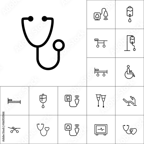 thin line stethoscope icon, medical tools set on white background