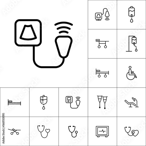 thin line ultrasound icon, medical tools set on white background