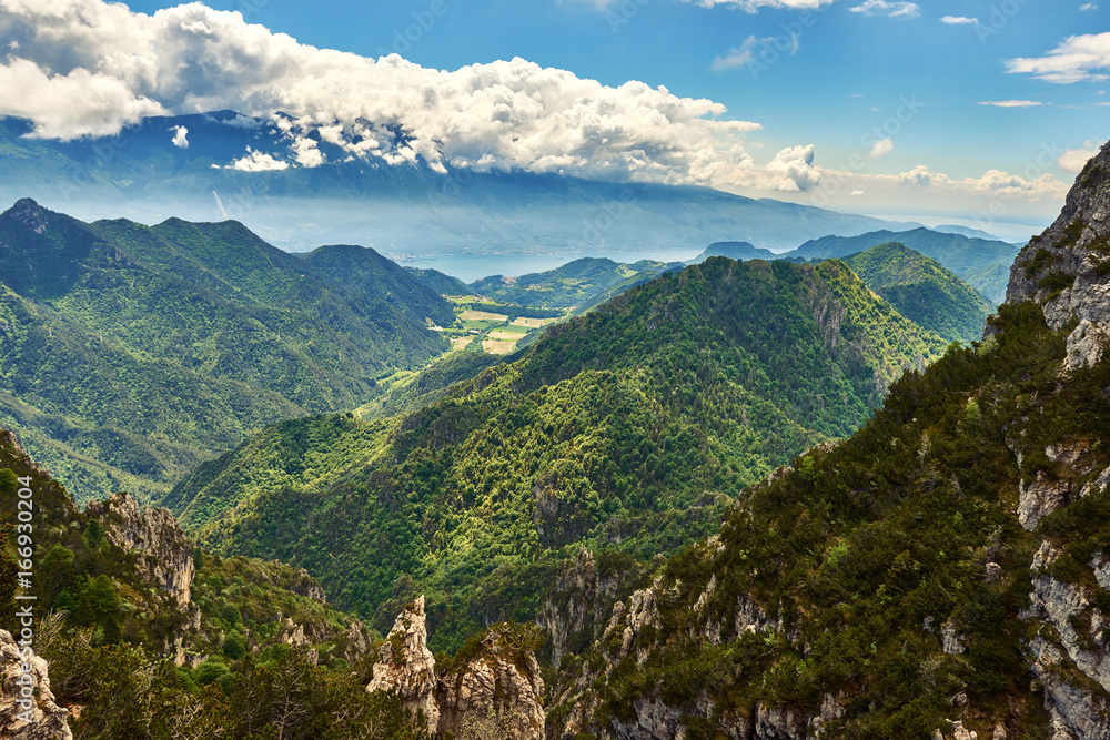 Naklejka premium Beautiful landscape. View of Lake Garda from tremalzo pass ,Italy. Popular destinations for travel in Europe. Italian Dolomites-panoramic views from the Tremalzo mountains