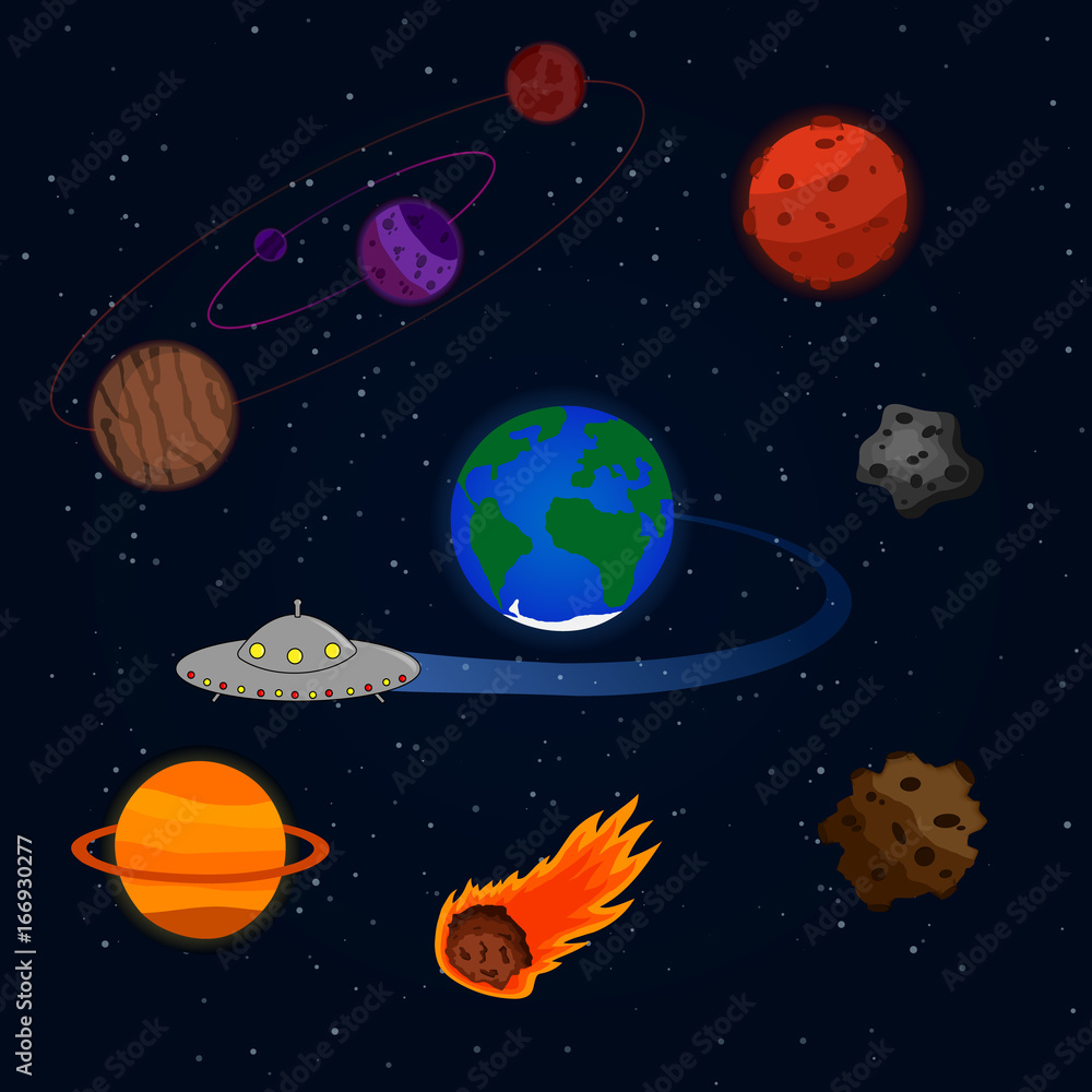 Set of vectors on a theme of space. Multicolored planets, Earth, asteroids and meteorites, flying saucer.vector illustration. Template on a space theme