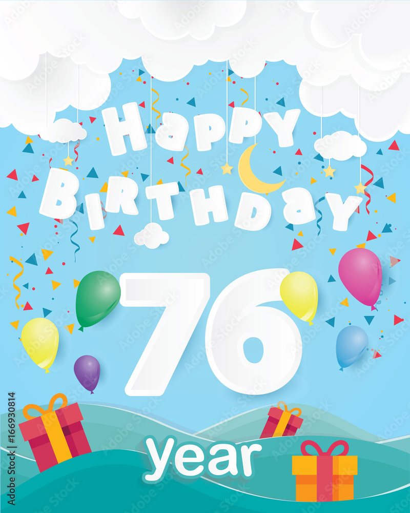 cool 76 th birthday celebration greeting card origami paper art design, birthday party poster background with clouds, balloon and gift box full color. seventy six years anniversary celebrations