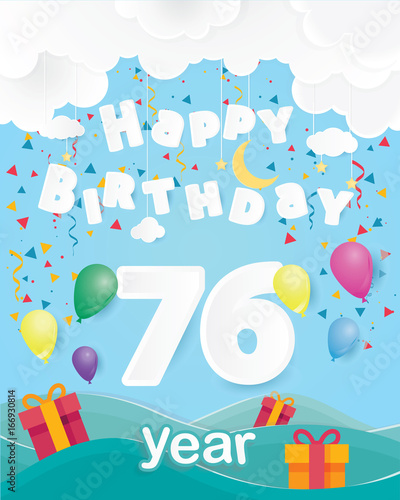 cool 76 th birthday celebration greeting card origami paper art design, birthday party poster background with clouds, balloon and gift box full color. seventy six years anniversary celebrations