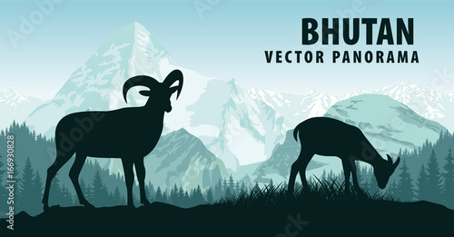 vector panorama of Bhutan with himalayan mountain goats