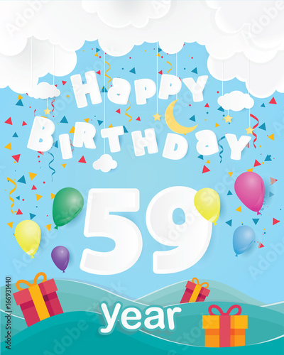cool 59 th birthday celebration greeting card origami paper art design, birthday party poster background with clouds, balloon and gift box full color. fifty nine years anniversary celebrations photo