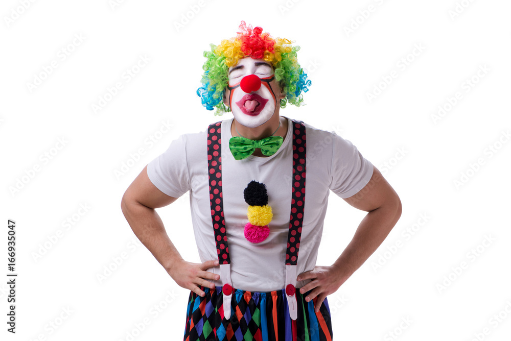 Funny clown acting silly isolated on white background