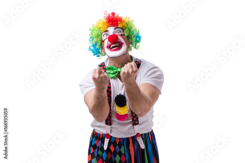 Funny clown acting silly isolated on white background