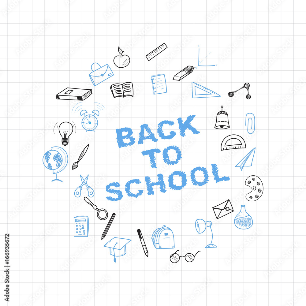 Back to school. Set of drawing vector elements with a sheet in a box. for education with endolar accessories. Vector illustration.