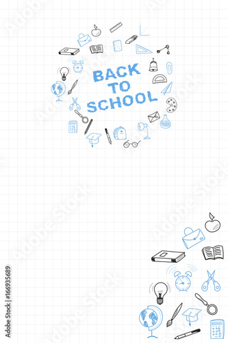 Template on a theme back to school with a sheet in a box. A set of drawing vector elements for education with endolar accessories. Vector illustration.