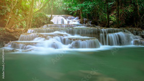 Huay Mae Kamin Beautiful waterfall landscape in rainforset at Kanchanaburi province Thailand