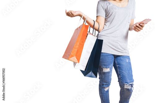 Woman with shopping bags on isolated on white background