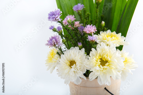 Colorful flowers in the wooden bucket on the white background