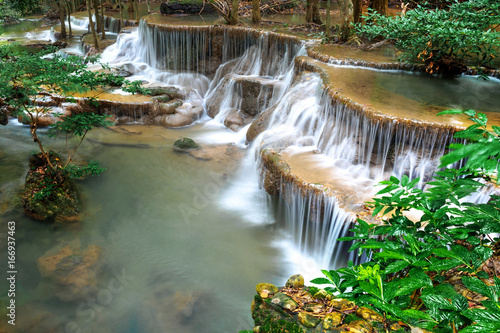 Huay Mae Kamin Beautiful waterfall landscape in rainforset at Kanchanaburi province Thailand