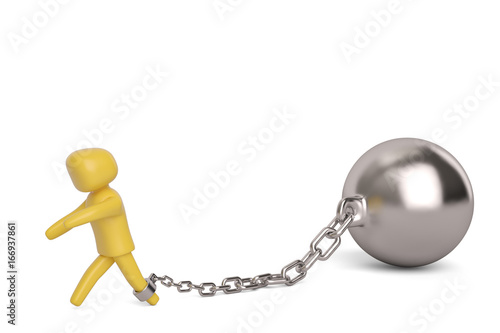 A character and large steel shackle on white background.3D illustration.
