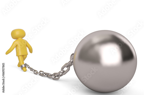 A character and large steel shackle on white background.3D illustration.