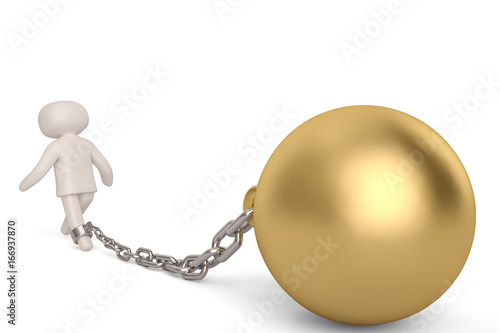 A character and large gold shackle on white background.3D illustration.