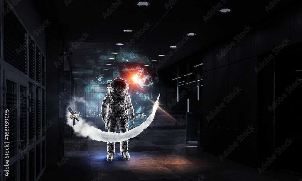 Naklejka premium Astronaut explorer in laboratory. Mixed media