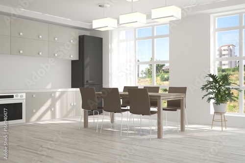 White kitchen with simmer landscape in window. Scandinavian interior design. 3D illustration
