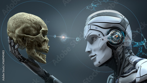 Robot with Artificial Intelligence observing human skull in Evolved Cybernetic organism world. 3d rendered image