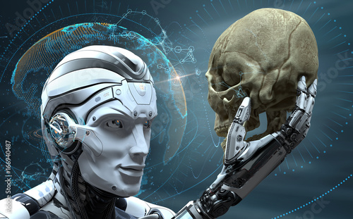 Robot with Artificial Intelligence observing human skull in Evolved Cybernetic organism world. 3d rendered image photo