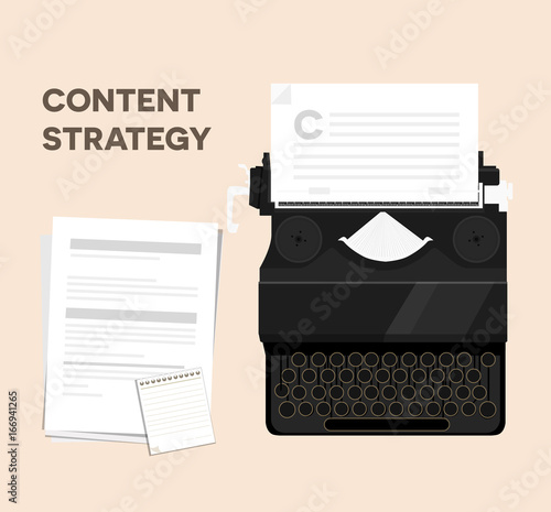 content strategy seo marketing blog search engine optimization with retro type writer symbolism vector illustration