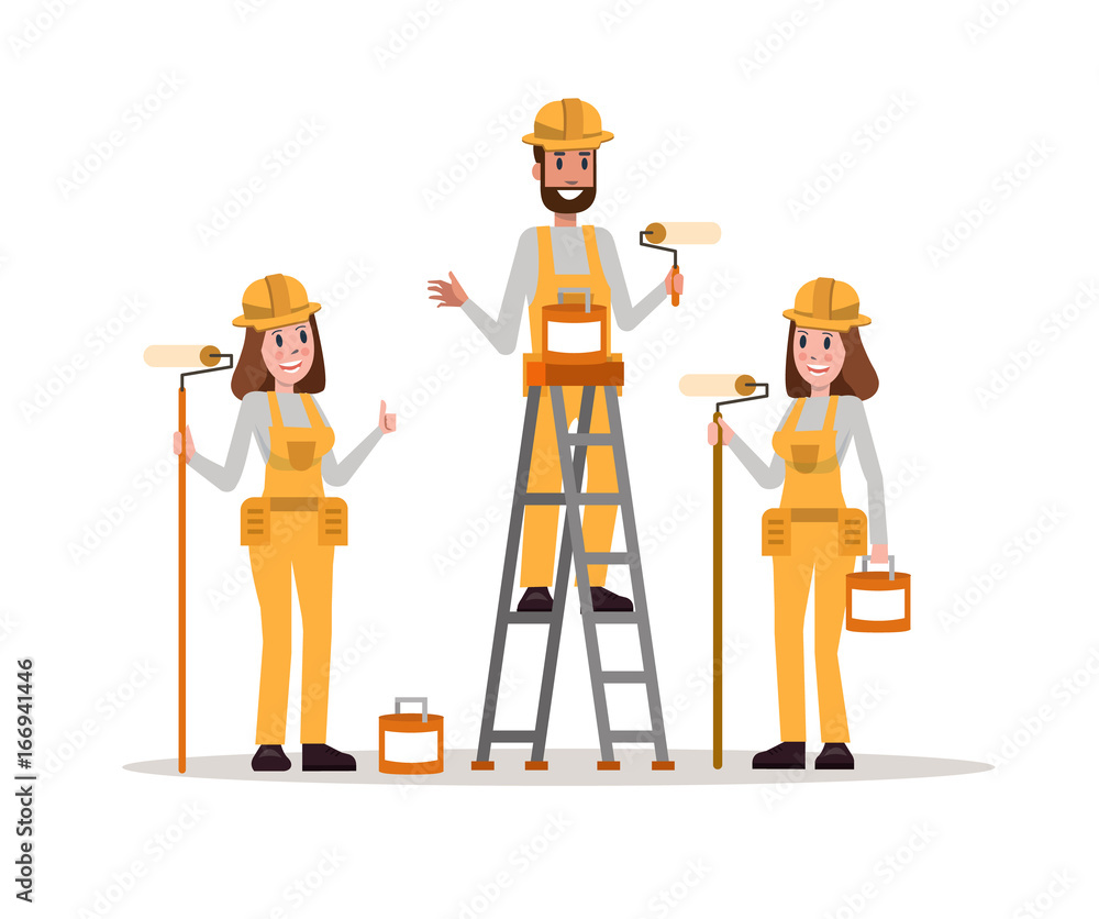 Set of construction painter team in a yellow protective hardhat. flat character design vector illustration