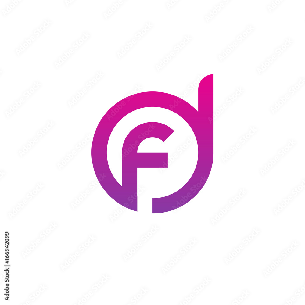 Fototapeta premium Initial letter df, fd, f inside d, linked line circle shape logo, purple pink gradient color