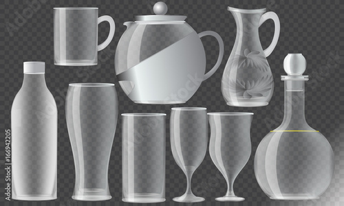 A set of transparent glasses goblets, set of transparent different utensils,cups,kettle,carafe,container, glasses collection, vector illustration, icons