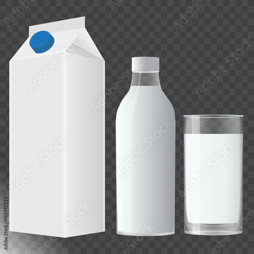 Glass of milk.Cow milk carton and milk cup isolated on transparent background. Vector illustration for milk, dairy, beverages, gastronomy, health food.