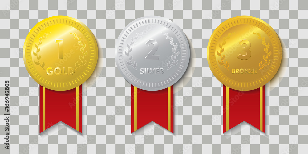 Realistic Medals with red ribbons set. Golds, Silver, and Bronze Medals Vector Design Print Realistic Medals with red ribbons set. Golds, Silver, and Bronze Medals Vector Design Print