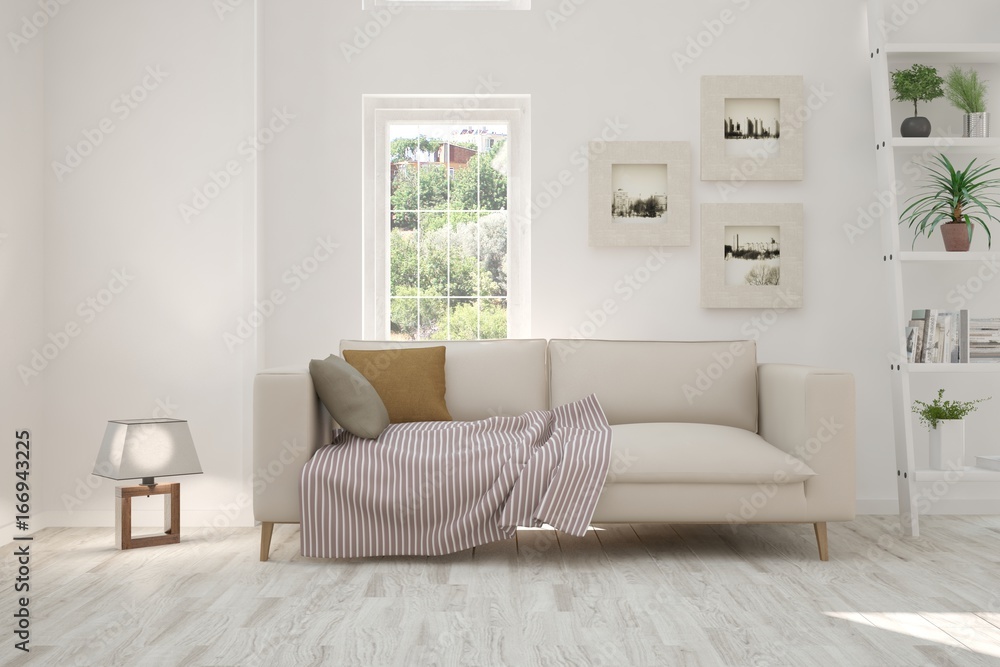 Idea of white room with sofa and summer landscape in window. Scandinavian interior design. 3D illustration