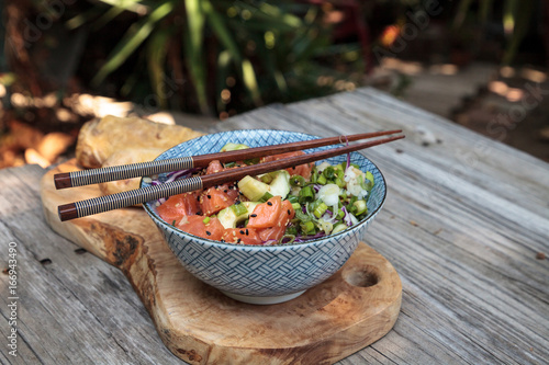 Photography Raw salmon poke bowl with rice