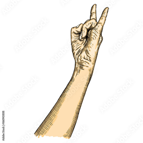Rock and Roll hand sign. Hand drawn girl style fist demon symbol. Female wrist evil finger gesture. Woman hand showing Satan sign. Girly forearm music sketch style isolated on white. Vector.