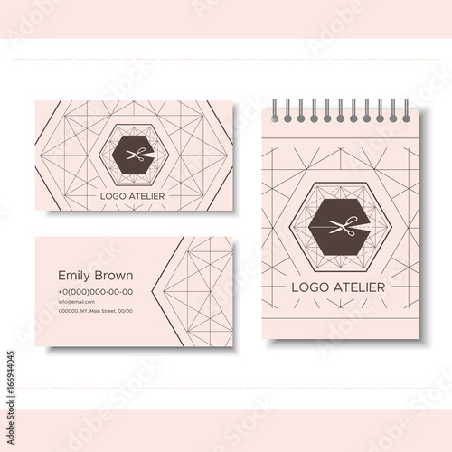 Branding for tailor shop, dressmakers salon, sewing studio, clothing store and fashion designer. Logo, business card, notepad. Vector illustration in modern style